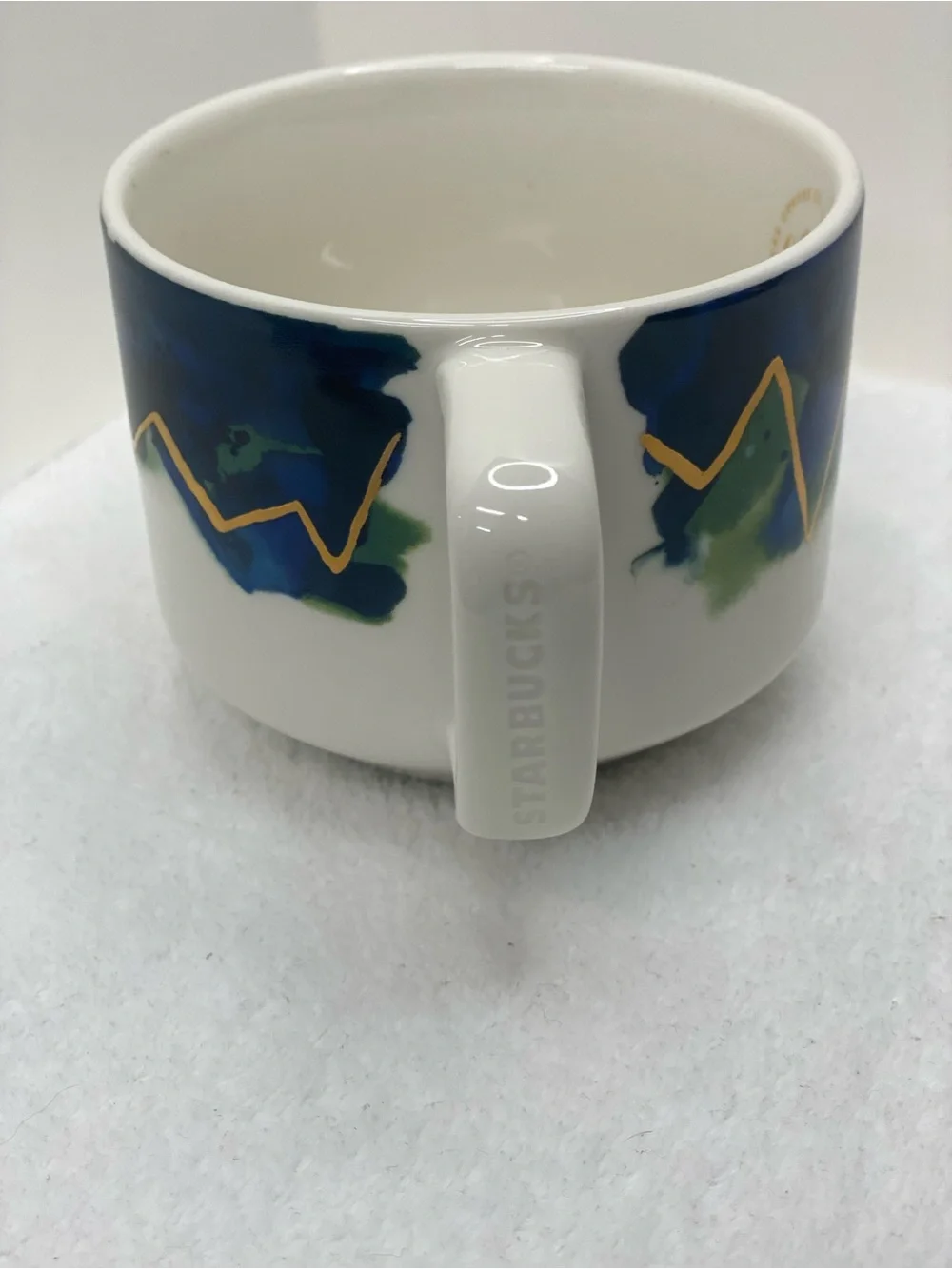 Starbucks 2015 Artisan Series 06/08 12 ounce Coffee Mug Mountain Design Gold RIm